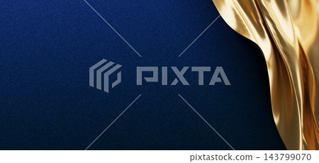 Luxury dark blue textured background with elegant gold silk fabric and copy space 3D render Luxury dark blue textured background with elegant gold silk fabric and copy space 3D render 143799070