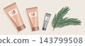 Flat lay Christmas cosmetic cream tubes vector elements set isolated on background. Cozy eco winter skin care layout with pine branch decor 143799508
