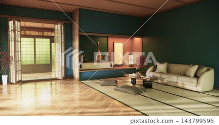 Low table Japanese-style on mint blue living room evokes the feeling of spring with sunlight streaming into the space.3D rendering 143799596