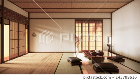 Tatami mat and table low japan Evokes a sense of warmth on Autumn concept on Living room Japanese style with white wall with, fall background. 3d rendering Tatami mat and table low japan Evokes a sense of warmth on Autumn concept on Living room Japanese style with white wall with, fall background. 3d rendering 143799610