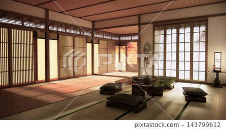 Tatami mat and table low japan Evokes a sense of warmth on Autumn concept on Living room Japanese style with white wall with, fall background. 3d rendering Tatami mat and table low japan Evokes a sense of warmth on Autumn concept on Living room Japanese style with white wall with, fall background. 3d rendering 143799612