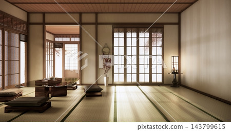 Tatami mat and table low japan Evokes a sense of warmth on Autumn concept on Living room Japanese style with white wall with, fall background. 3d rendering Tatami mat and table low japan Evokes a sense of warmth on Autumn concept on Living room Japanese style with white wall with, fall background. 3d rendering 143799615