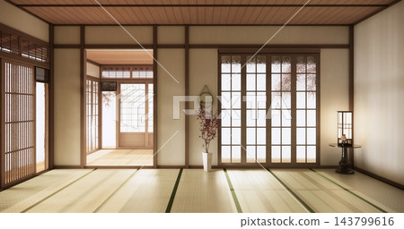 Autumn, Japanese style with decoration on Japanese room in tatami mats the floor and Light shines into the room .3D rendering 143799616