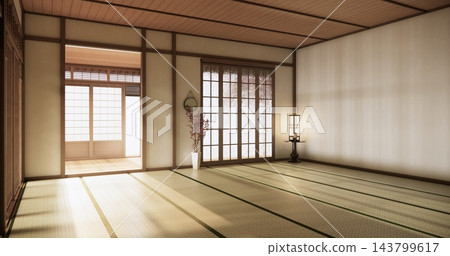 Autumn, Japanese style with decoration on Japanese room in tatami mats the floor and Light shines into the room .3D rendering Autumn, Japanese style with decoration on Japanese room in tatami mats the floor and Light shines into the room .3D rendering 143799617
