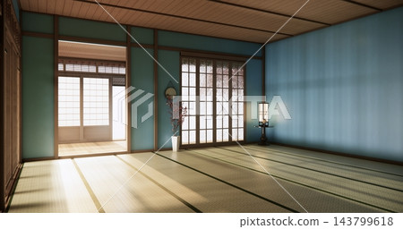 Autumn, Japanese style circular window and Japanese room with wooden flooring .3D rendering 143799618