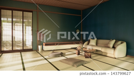 Low table Japanese-style on mint blue living room evokes the feeling of spring with sunlight streaming into the space.3D rendering Low table Japanese-style on mint blue living room evokes the feeling of spring with sunlight streaming into the space.3D rendering 143799627