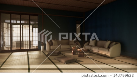 Low table Japanese-style on mint blue living room evokes the feeling of spring with sunlight streaming into the space.3D rendering 143799628