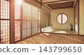 Autumn concept on Japanese room with white wall with maple wood wall design Evokes a sense of warmth, fall background. 3d rendering 143799650