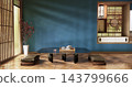 Low table Japanese-style on mint blue living room evokes the feeling of spring with sunlight streaming into the space.3D rendering 143799666