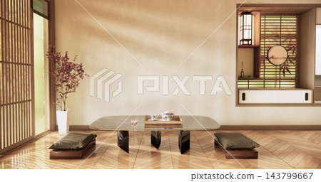 Tatami mat and table low japan Evokes a sense of warmth on Autumn concept on Living room Japanese style with white wall with, fall background. 3d rendering Tatami mat and table low japan Evokes a sense of warmth on Autumn concept on Living room Japanese style with white wall with, fall background. 3d rendering 143799667