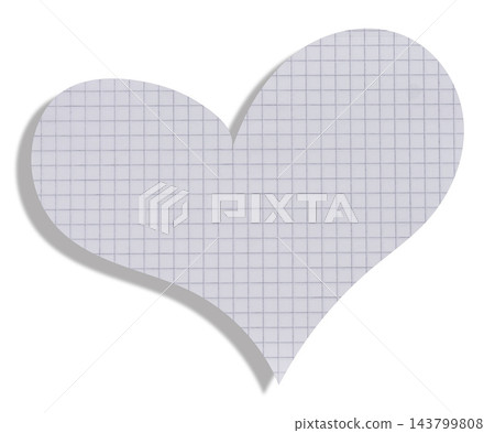 A heart cut out from a sheet of white, grid-lined notebook paper; a paper shape with a shadow A heart cut out from a sheet of white, grid-lined notebook paper; a paper shape with a shadow 143799808
