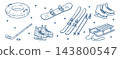 Winter sports equipment, set in a outline doodle style isolated on isolated background 143800547