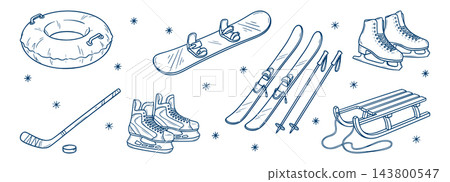 Winter sports equipment, set in a outline doodle style isolated on isolated background Winter sports equipment, set in a outline doodle style isolated on isolated background 143800547