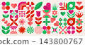 Mothers day. Abstract floral collection with geometric hearts, stylized flowers, leaves and decorative plant shapes. Spring greeting cards, festive prints and holiday patterns. Vector illustration 143800767
