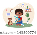 Kid children book. Happy little boy sitting on carpet and holding plush toys in cozy playroom. Cute nursery interior with wall decorations, indoor plants and bookshelf. Vector cartoon illustration 143800774