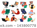 Design work. Creative professionals using digital tablets, computers and graphic software. Artists develop illustrations, animation, visual projects. Vector cartoon flat style isolated illustration 143800778