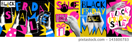 Black Friday poster. Sale retro, halftone hand. Doodle shopping dark offer, promo discount. Bag with price tag. Collage banner. Smartphone advertisements festive retail graphics. Vector garish design 143800783