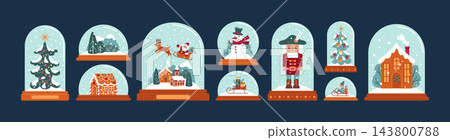 Christmas glass ball. Snow globe. Xmas orb. Transparent bubble, winter holiday. Fir tree, Santa on sleigh. Snowman, festive city. Cute nutcracker, gingerbread house and gifts. Vector celebration set Christmas glass ball. Snow globe. Xmas orb. Transparent bubble, winter holiday. Fir tree, Santa on sleigh. Snowman, festive city. Cute nutcracker, gingerbread house and gifts. Vector celebration set 143800788