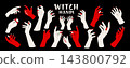 Witch hands for Halloween. Female fingers like bat claws. Devil nails in black, red. Tattoo doodle for occult. Creepy woman palm. Mysterious vampire gesture. Vector garish cartoon flat isolated set 143800792