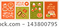 Autumn treats posters. Banner Thanksgiving. Food frame for celebration. Fall bakery, apple pie. Hot drink, pumpkin cake. Menu of harvest. Seasonal harvest, sweet desserts. Vector garish flyer set 143800795