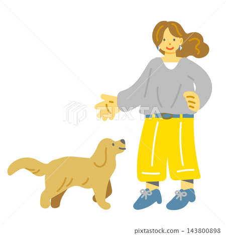 A woman playing with her dog outdoors - a colorful and fun hand-drawn flat illustration. A woman playing with her dog outdoors - a colorful and fun hand-drawn flat illustration. 143800898