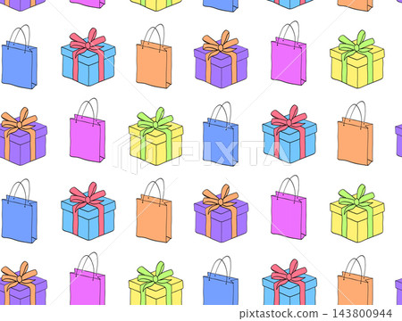 shopping pattern with gift boxes and bags birthday seamless pattern colored hand drawn illustration. Vector graphic line ink art. Design for package, cosmetic, textile, cards. 143800944