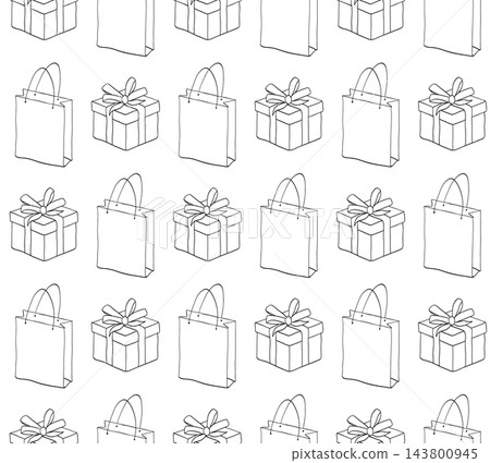 shopping pattern with gift boxes and bags birthday seamless Black and white hand drawn illustration. Vector graphic line ink art. Design for package, cosmetic, textile, cards. shopping pattern with gift boxes and bags birthday seamless Black and white hand drawn illustration. Vector graphic line ink art. Design for package, cosmetic, textile, cards. 143800945