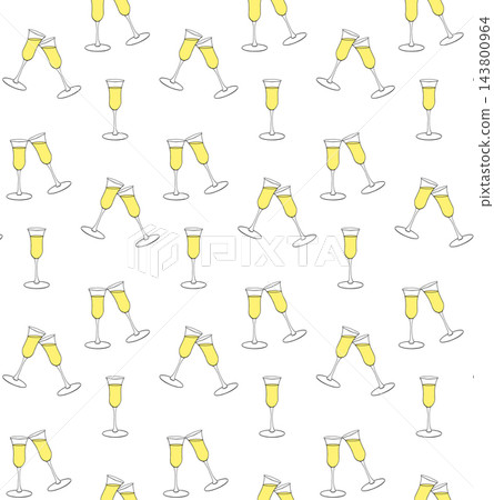 champagne glass cheers birthday seamless pattern colored hand drawn illustration. Vector graphic line ink art. Elements for poster, social media, banners, invitation. Trendy coquette core template. 143800964