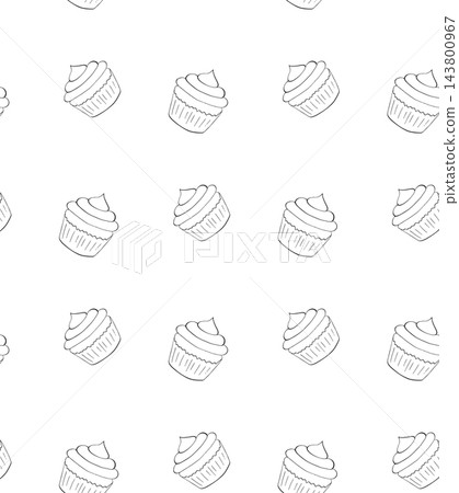 cupcakes birthday seamless pattern black and white hand drawn illustration. Vector graphic line ink art. Party element, festive decoration, celebration symbol, holiday accessory, entertainment 143800967