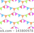 festive colorful bunting flags hanging on strings birthday seamless pattern colored hand drawn illustration. Vector graphic line ink art. creating a joyful and celebratory party designs. 143800978