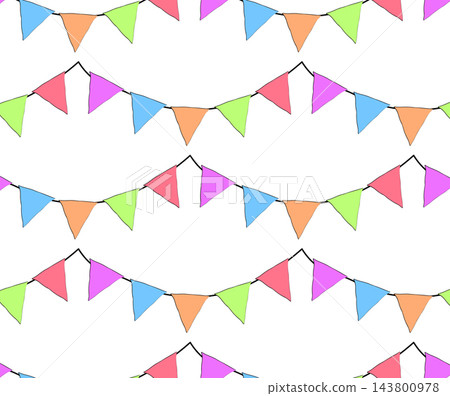festive colorful bunting flags hanging on strings birthday seamless pattern colored hand drawn illustration. Vector graphic line ink art. creating a joyful and celebratory party designs. 143800978