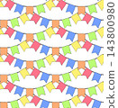 Colorful rainbow bunting flags birthday seamless pattern colored hand drawn illustration. Vector graphic line ink art. Bright festive decoration for party, celebration, carnival design 143800980