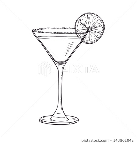 Margarita cocktail in stemmed glass with citrus slice garnish line black ink drawing. Beverage glass with salted rim and lemon slice illustration. Mexican cuisine and cocktail menu design. 143801042