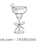 Martini cocktail glass with cherry and heart pick, decorated with ribbon bow on the stem hand drawn black ink vector illustration. Valentine Day cards, wedding invitation, romantic bar menu 143801043