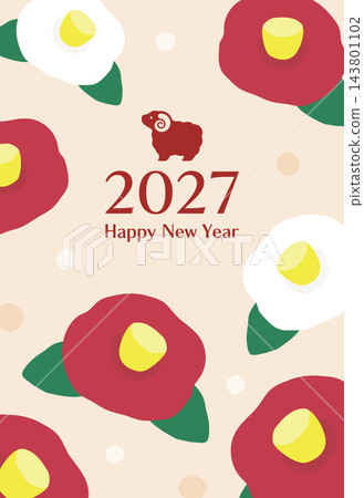 A New Year's card for the Year of the Sheep (2027), featuring sheep and camellias, against a beige background. A New Year's card for the Year of the Sheep (2027), featuring sheep and camellias, against a beige background. 143801102