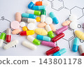Chemical structure of the drug with pills and capsules medical. 143801178