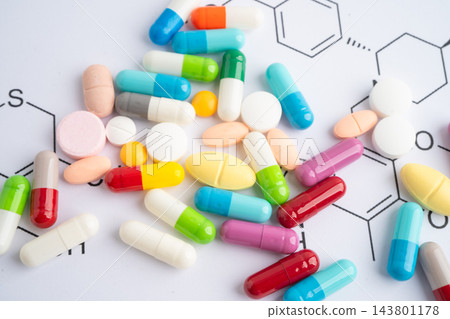 Chemical structure of the drug with pills and capsules medical. 143801178