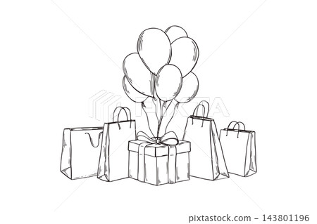 Gift box with balloons and shopping bags line art black ink sketch. Birthday celebration and present giving hand drawn black and white illustration. Party supplies and retail shopping. Gift box with balloons and shopping bags line art black ink sketch. Birthday celebration and present giving hand drawn black and white illustration. Party supplies and retail shopping. 143801196