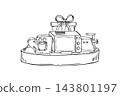 Kitchen appliances with gift on podium stand black and white line illustration. Home cooking and culinary equipment vector sketch. Cyber Monday online shopping and discount promotion. 143801197