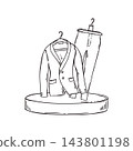 Men suit jacket and trousers on hangers on round podium black ink vector illustration. Wardrobe organization and clothing storage. Secondhand and thrift store, resale promotion, sustainable clothing 143801198
