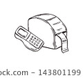 Electronic barcode label printer with keypad and printed label roll line art black ink sketch. Retail checkout and inventory management equipment for retail payment, ecommerce, cashier and checkout. 143801199