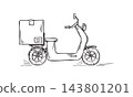 Hand drawn delivery scooter with large cargo box line ink illustration. Linear drawing of courier transport and last mile delivery concept. Urban mobility and logistics vector sketch. 143801201
