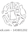 Hand drawn women clothing, shoes, bags, cosmetics and accessories line art black ink sketch. Decluttering challenges, conscious consumption, and minimalist wardrobe concepts. 143801202