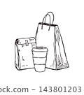 Reusable coffee cup with takeaway paper bag hand drawn vector isolated illustration. Eco friendly packaging and sustainable coffee culture. Zero waste lifestyle and plastic reduction concept. 143801203