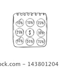 Hand drawn sticker sheet with round discount labels showing numbered percentage black ink vector illustration. Discount calendar page linear drawing. Design for sale promotion, ecommerce marketing. 143801204