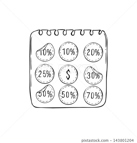 Hand drawn sticker sheet with round discount labels showing numbered percentage black ink vector illustration. Discount calendar page linear drawing. Design for sale promotion, ecommerce marketing. Hand drawn sticker sheet with round discount labels showing numbered percentage black ink vector illustration. Discount calendar page linear drawing. Design for sale promotion, ecommerce marketing. 143801204
