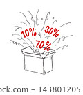Open cardboard box with discount percentages bursting out black ink vector illustration. Sale promotion and price reduction concept. Shopping, retail marketing and special offer graphic sketch. 143801205