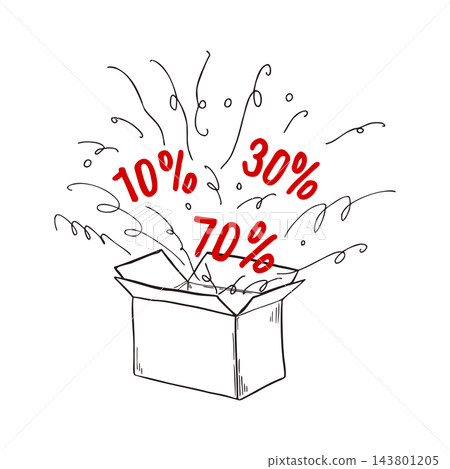 Open cardboard box with discount percentages bursting out black ink vector illustration. Sale promotion and price reduction concept. Shopping, retail marketing and special offer graphic sketch. Open cardboard box with discount percentages bursting out black ink vector illustration. Sale promotion and price reduction concept. Shopping, retail marketing and special offer graphic sketch. 143801205
