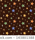 Colorful hand drawn stars seamless pattern on dark brown background. Whimsical celestial illustration for festive wrapping paper and textiles. Playful decorative design for stationery 143801388
