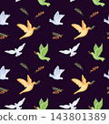 Colorful watercolor birds in flight with leafy sprigs on dark background. Repeating nature pattern with doves for fabric and wallpaper. Decorative surface print for peace, freedom and spring design. 143801389